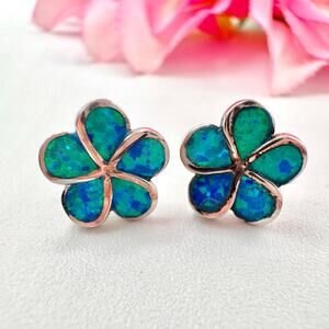 Hawaiian Blue Plumeria Flower Man Made Opal 925 Sterling Silver Stud Earrings